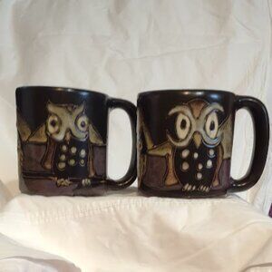 MARA HANDCRAFTED NIGHT OWLS ON BRANCH MEXICAN FOLK ART EMBOSSED MUGS OVERSIZED